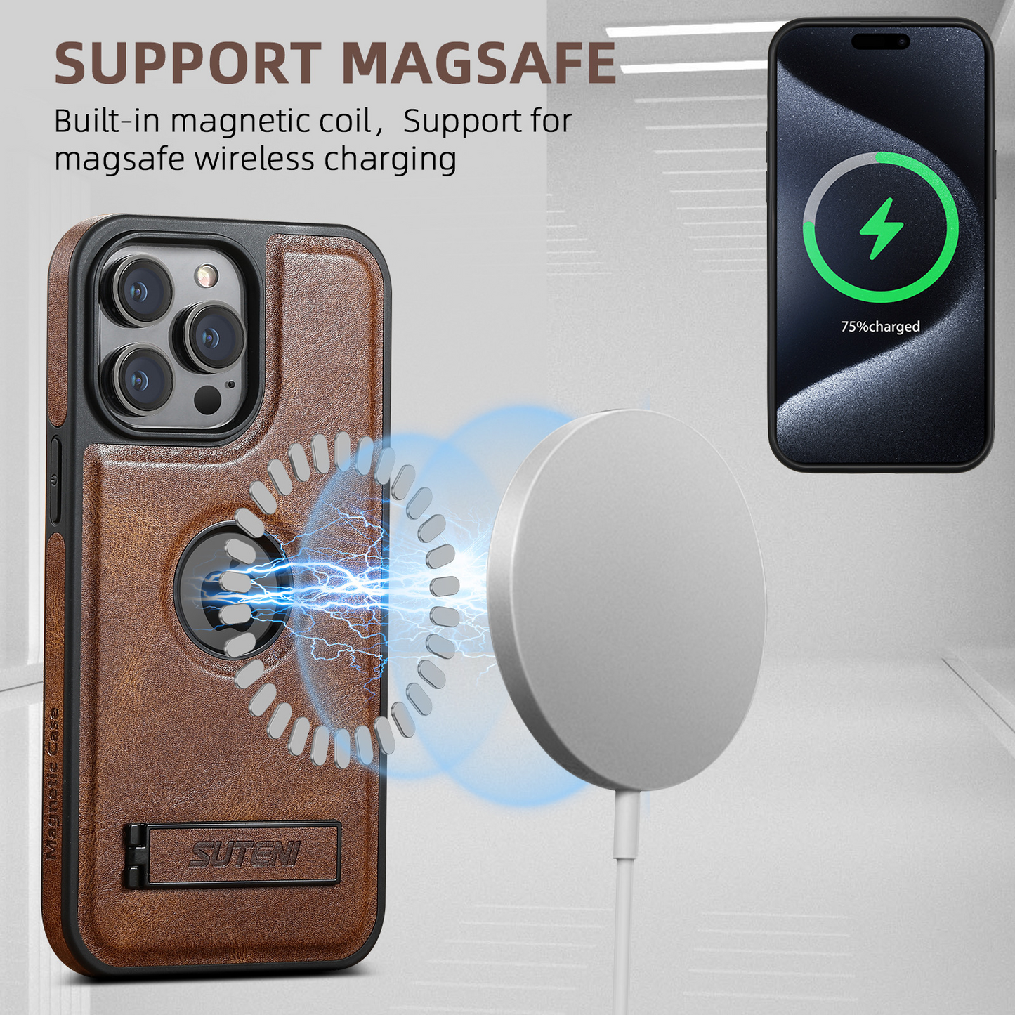 Magnetic Faux Leather Kickstand iPhone Case - Vintage Brown
