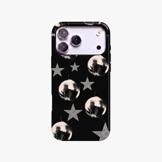 Magnetic Phone Case | Black Disco Ball Silver Star Print
