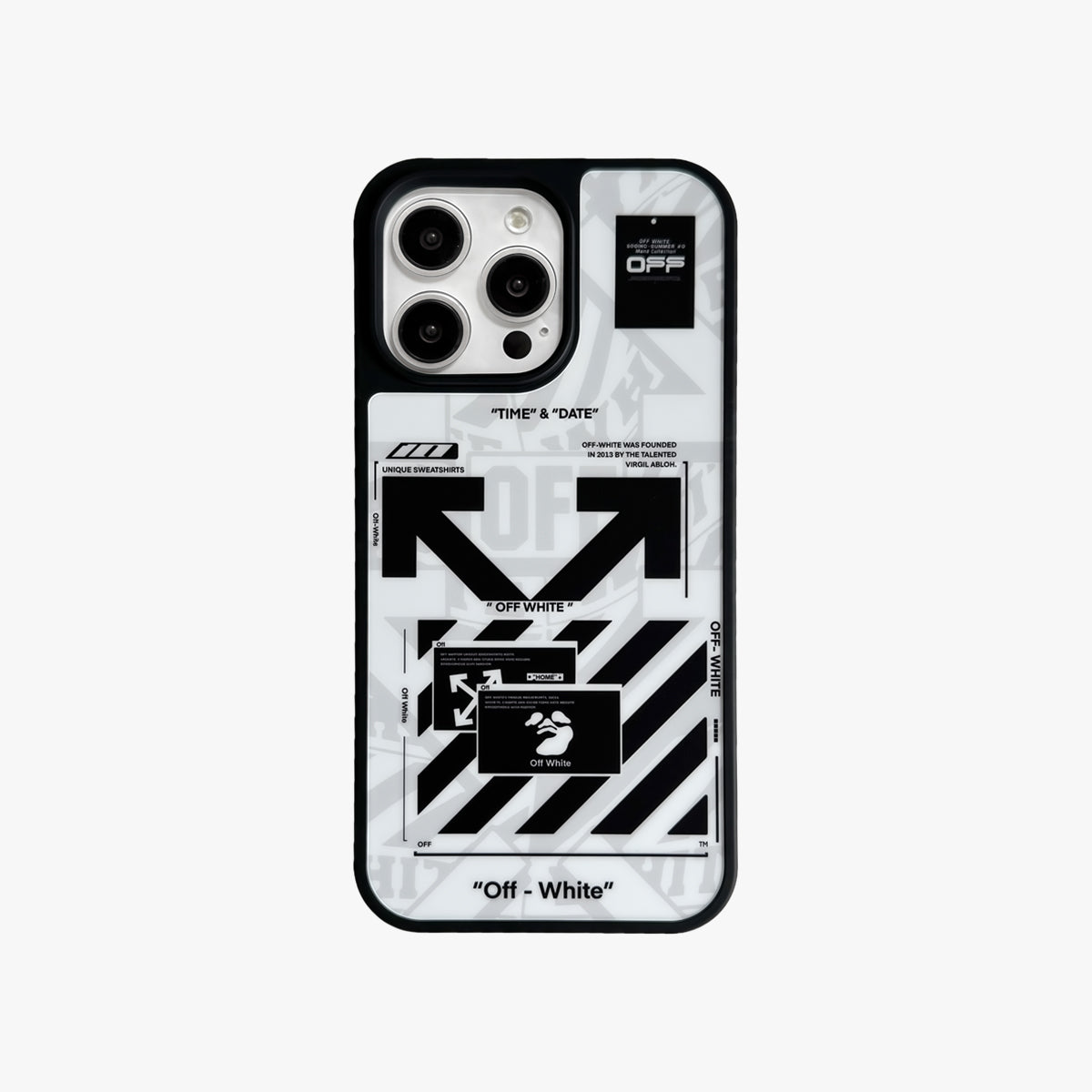 Phone case with Off-White logo and design on a white background
