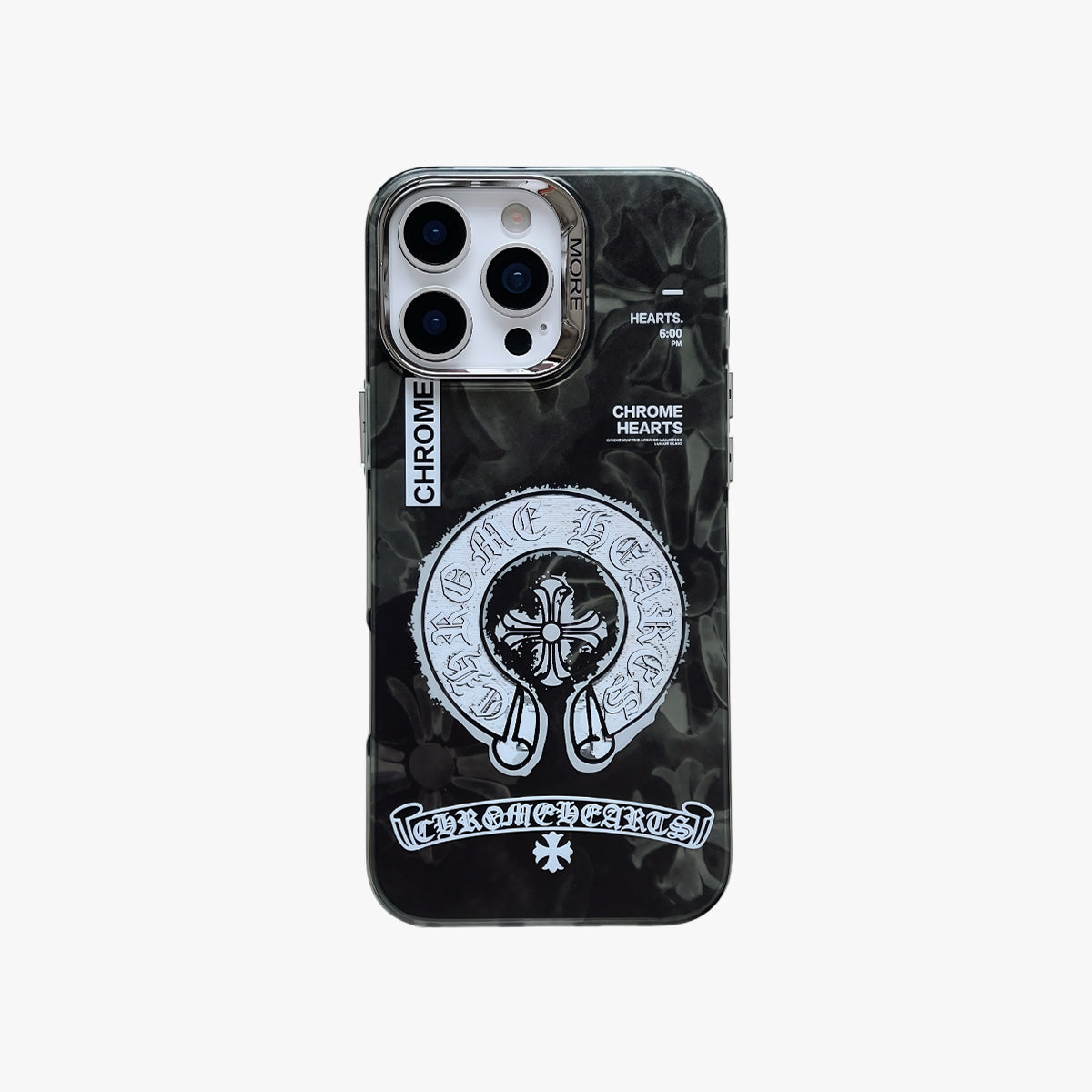 Phone case with a black and white design on a light gray background