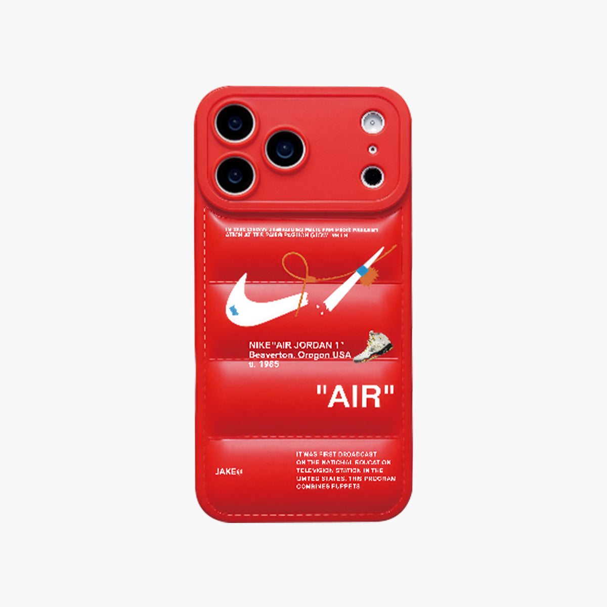 Red phone case with Nike Air Jordan branding on a white background