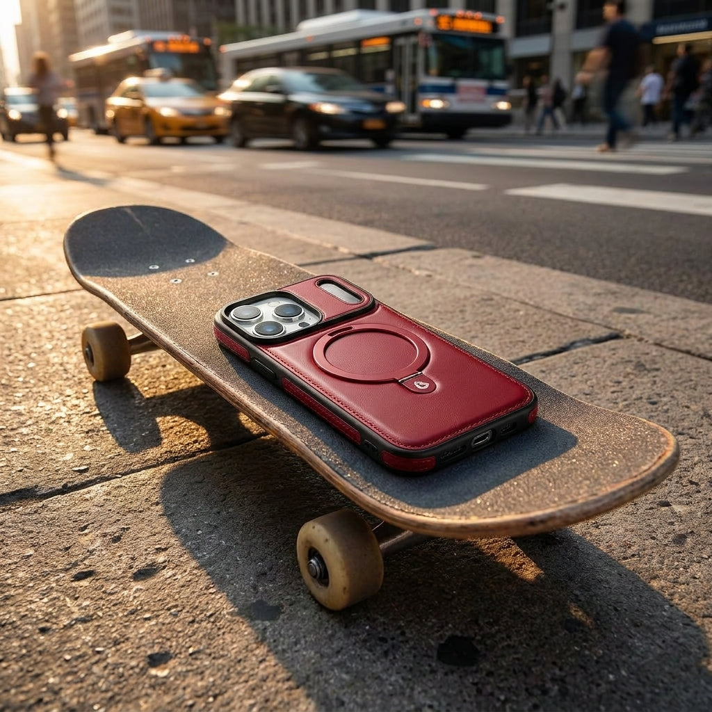 Magnetic Kickstand iPhone Case | Premium Business Leather - Charm Red