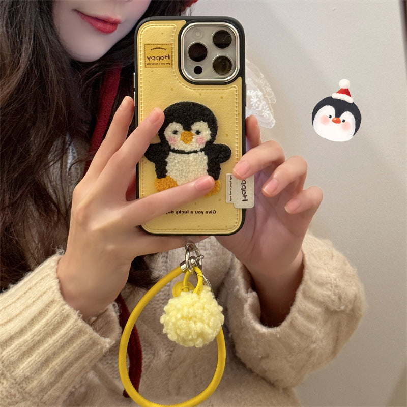3D iPhone Case | Embroidered Penguin Yellow ( Free Phone Lanyard )