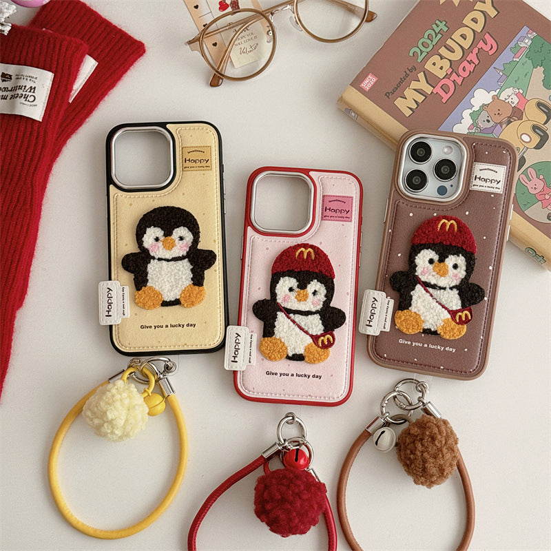 3D iPhone Case | Embroidered Penguin Pink ( Free Phone Lanyard )