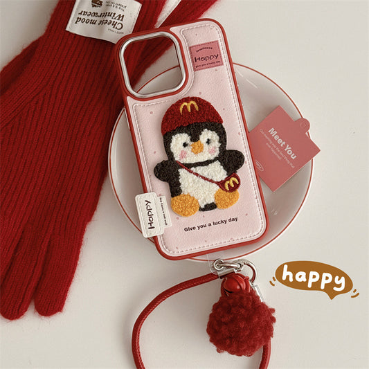 3D iPhone Case | Embroidered Penguin Pink ( Free Phone Lanyard )