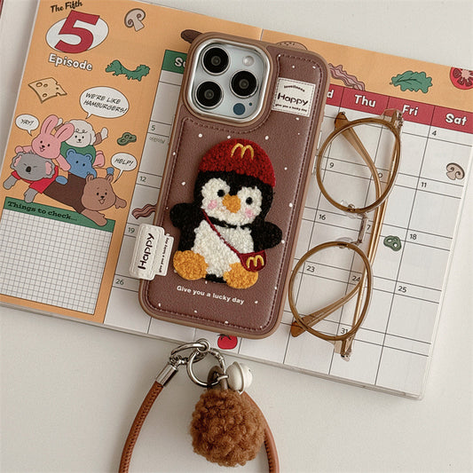 3D iPhone Case | Embroidered Penguin Brown ( Free Phone Lanyard )