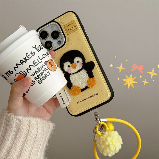 3D iPhone Case | Embroidered Penguin Yellow ( Free Phone Lanyard )