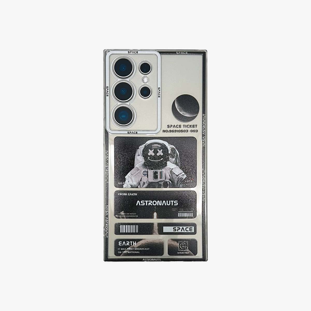 Phone case with astronaut design and text on a white background