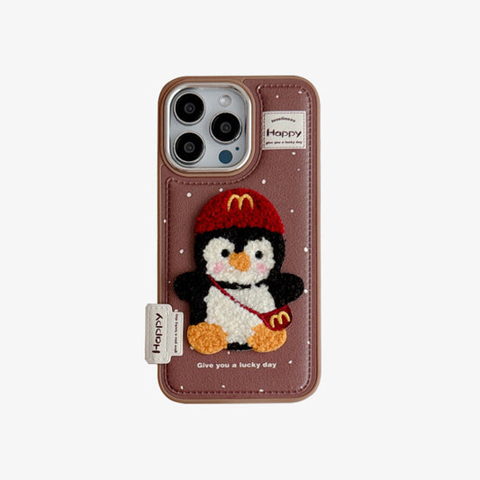 3D iPhone Case | Embroidered Penguin Brown ( Free Phone Lanyard )