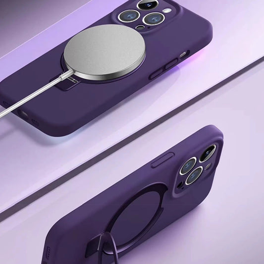Magnetic Wireless Charging Phone Case | Liquid Silicone Solid Color Phone Case with Stand