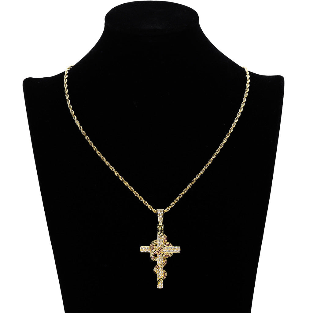 Iced Snake Cross Pendant in 14K Gold - SPICEUP