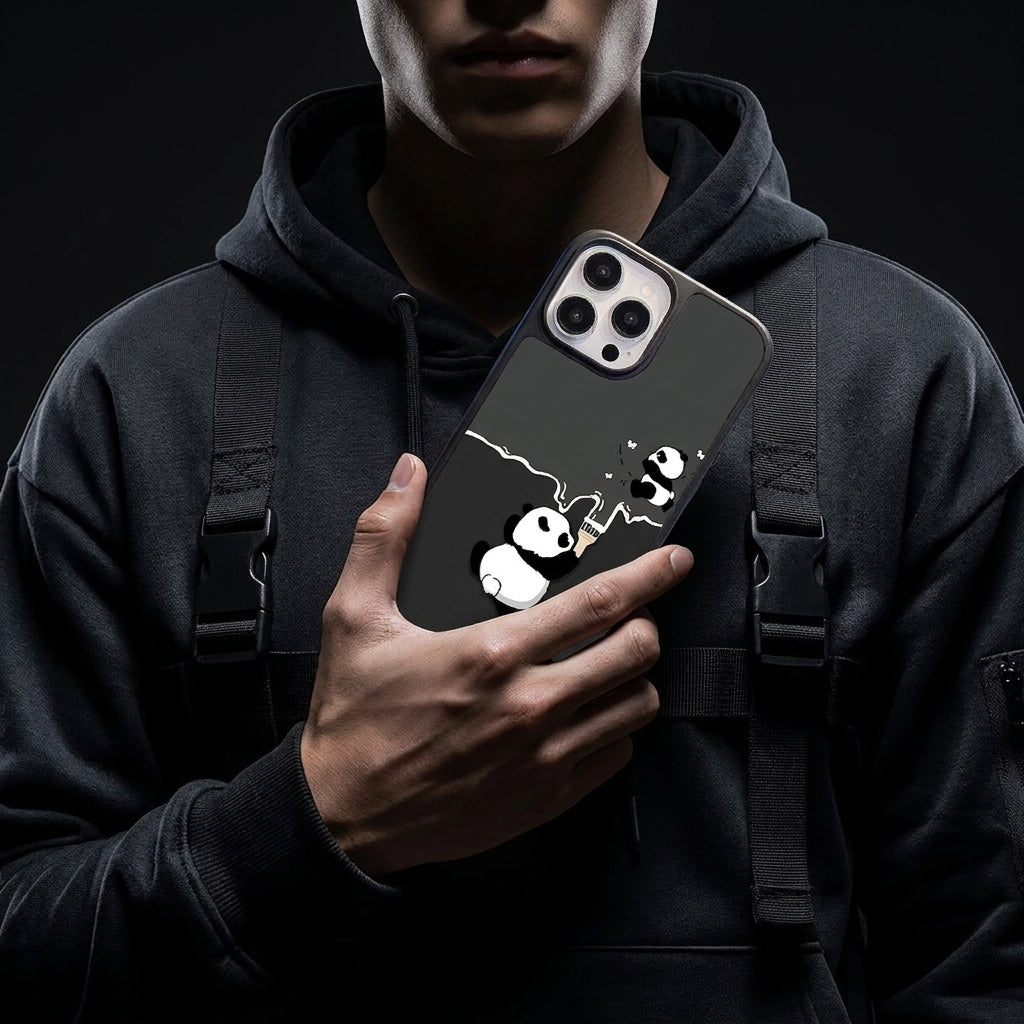Cute Panda Frosted Glass iPhone Case - Black