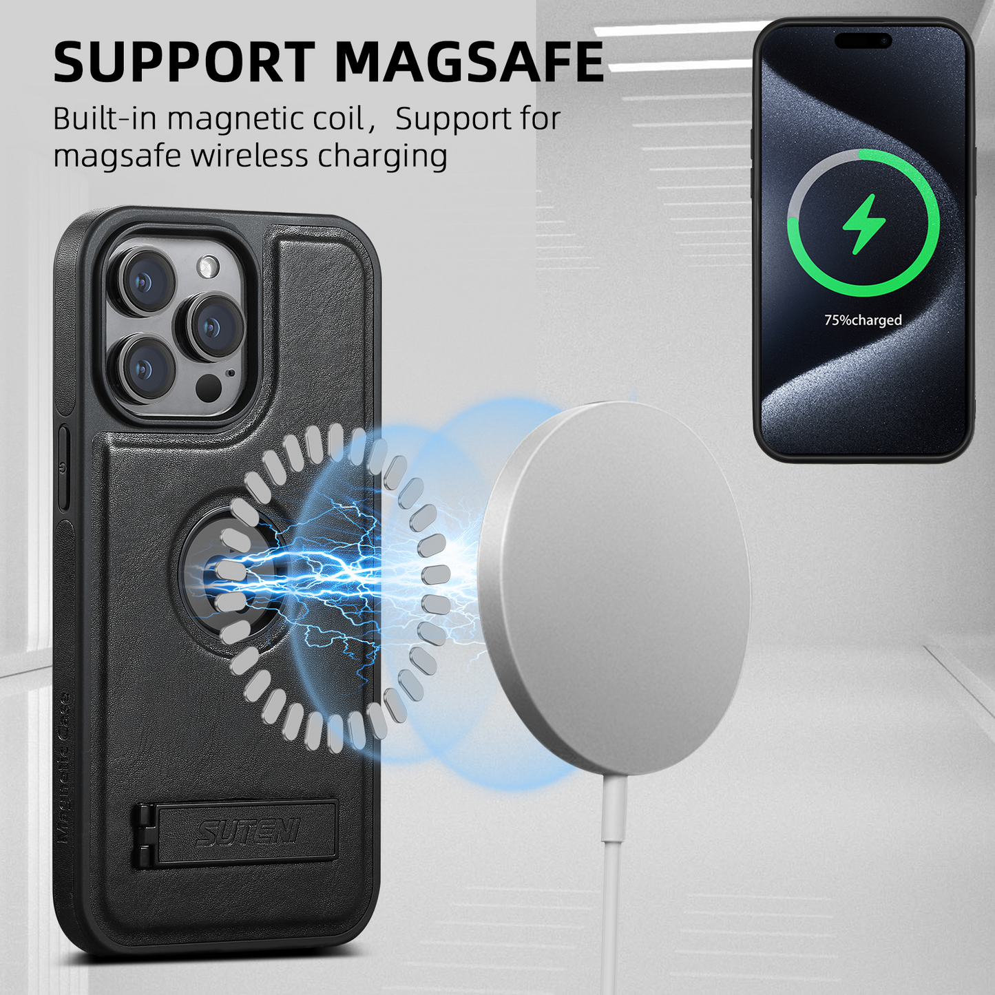 Magnetic Faux Leather Kickstand iPhone Case - Vintage Black