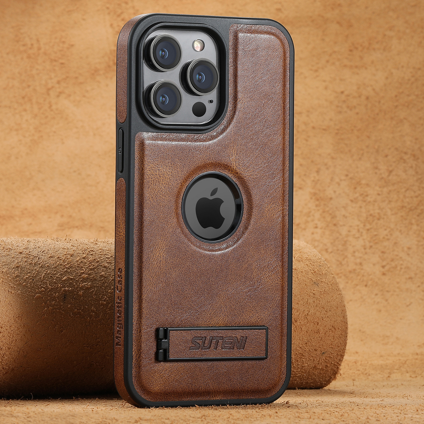 Magnetic Faux Leather Kickstand iPhone Case - Vintage Brown