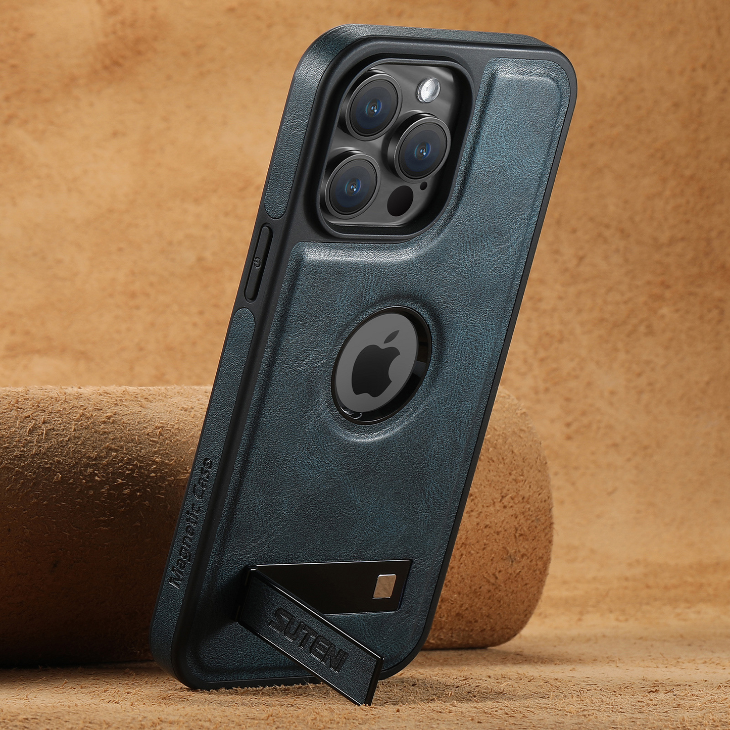 Magnetic Faux Leather Kickstand iPhone Case - Vintage Blue
