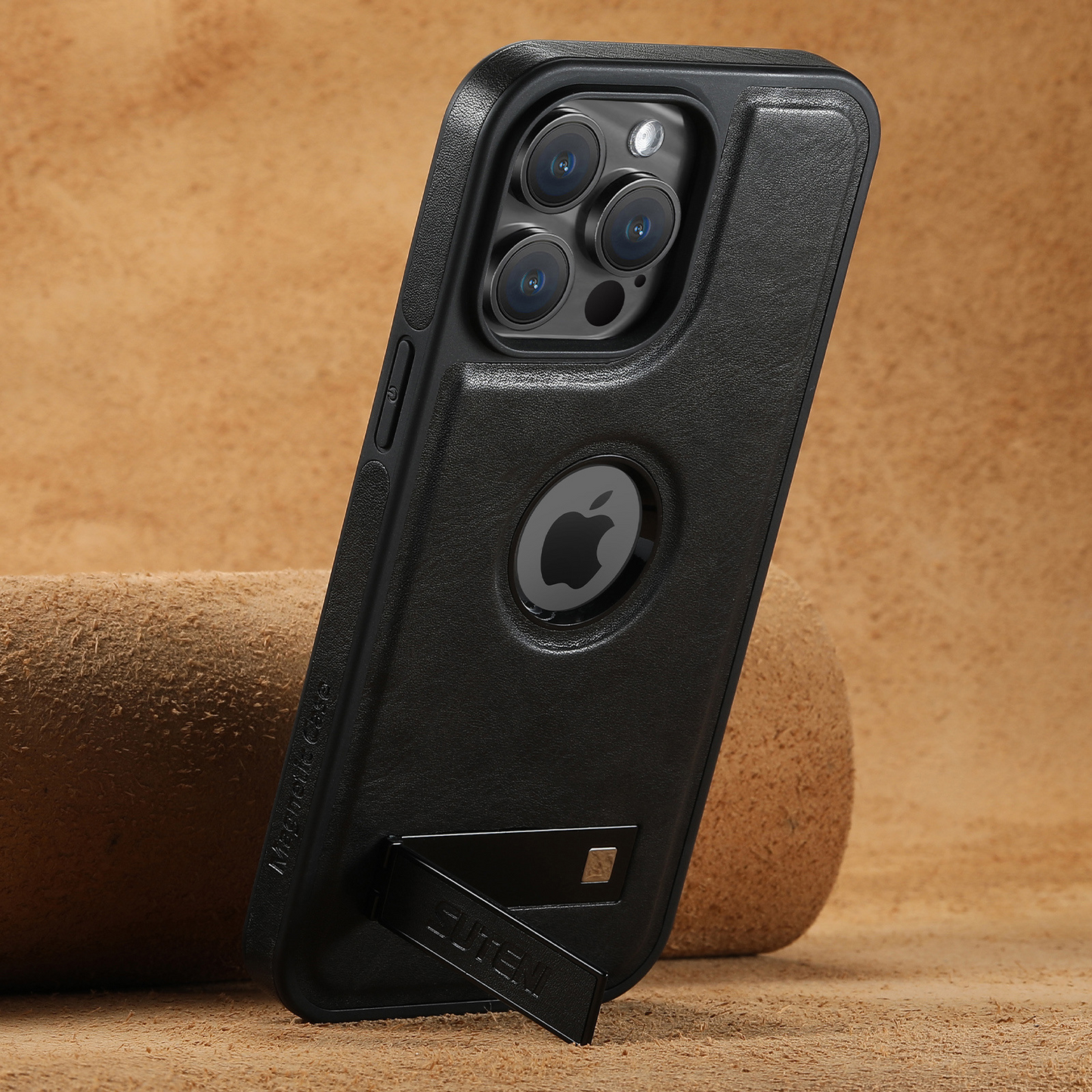 Magnetic Faux Leather Kickstand iPhone Case - Vintage Black
