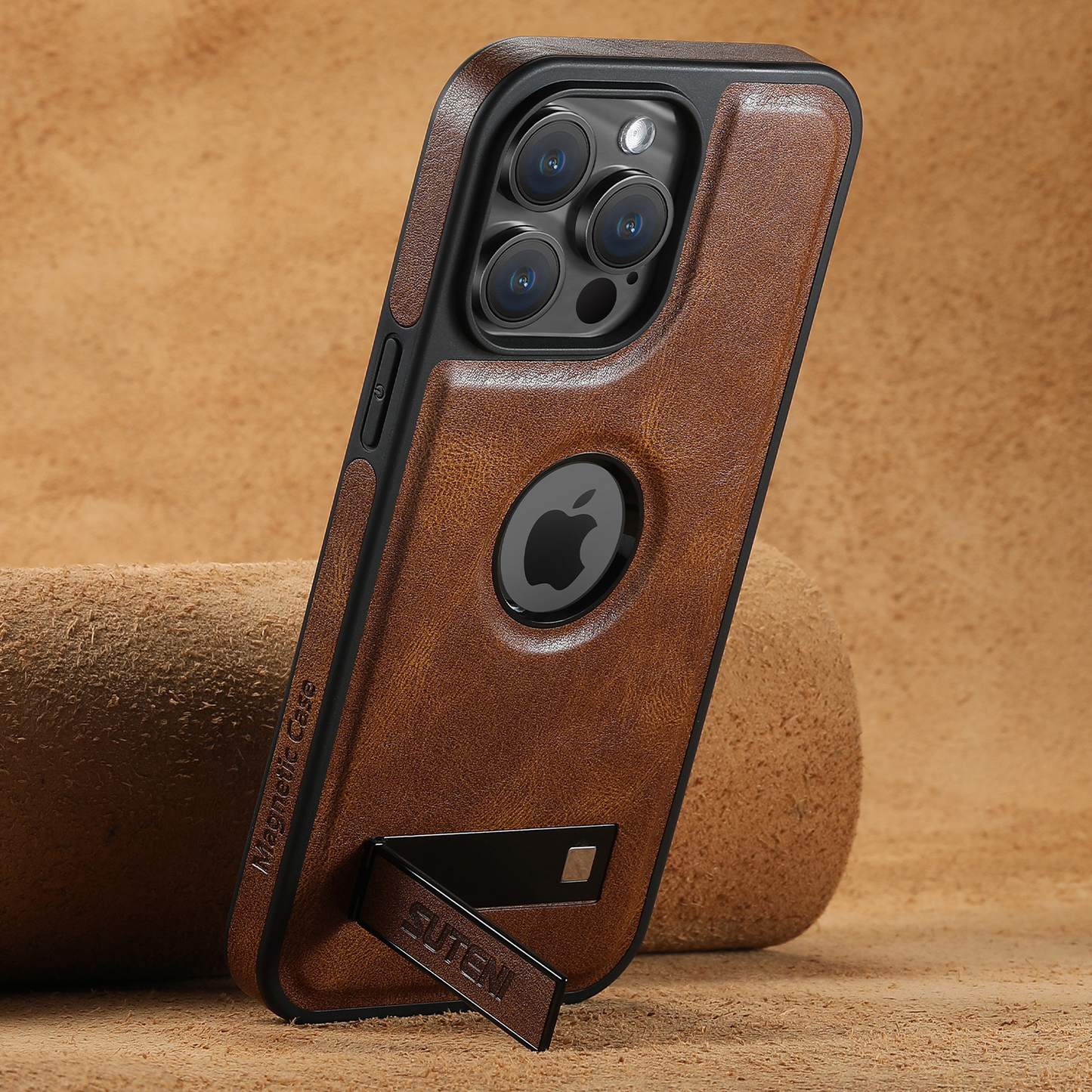Magnetic Faux Leather Kickstand iPhone Case - Vintage Brown