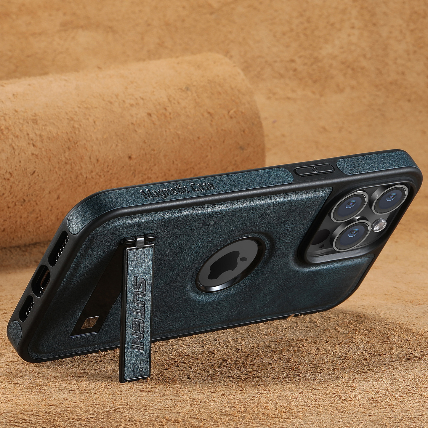 Magnetic Faux Leather Kickstand iPhone Case - Vintage Blue