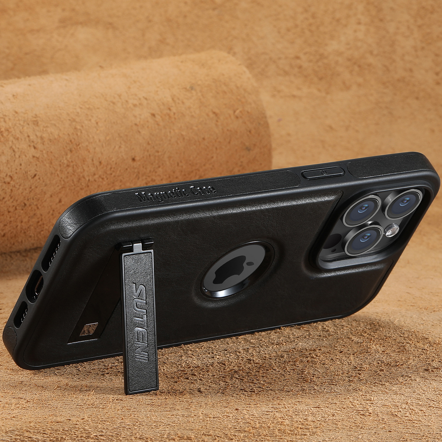 Magnetic Faux Leather Kickstand iPhone Case - Vintage Black