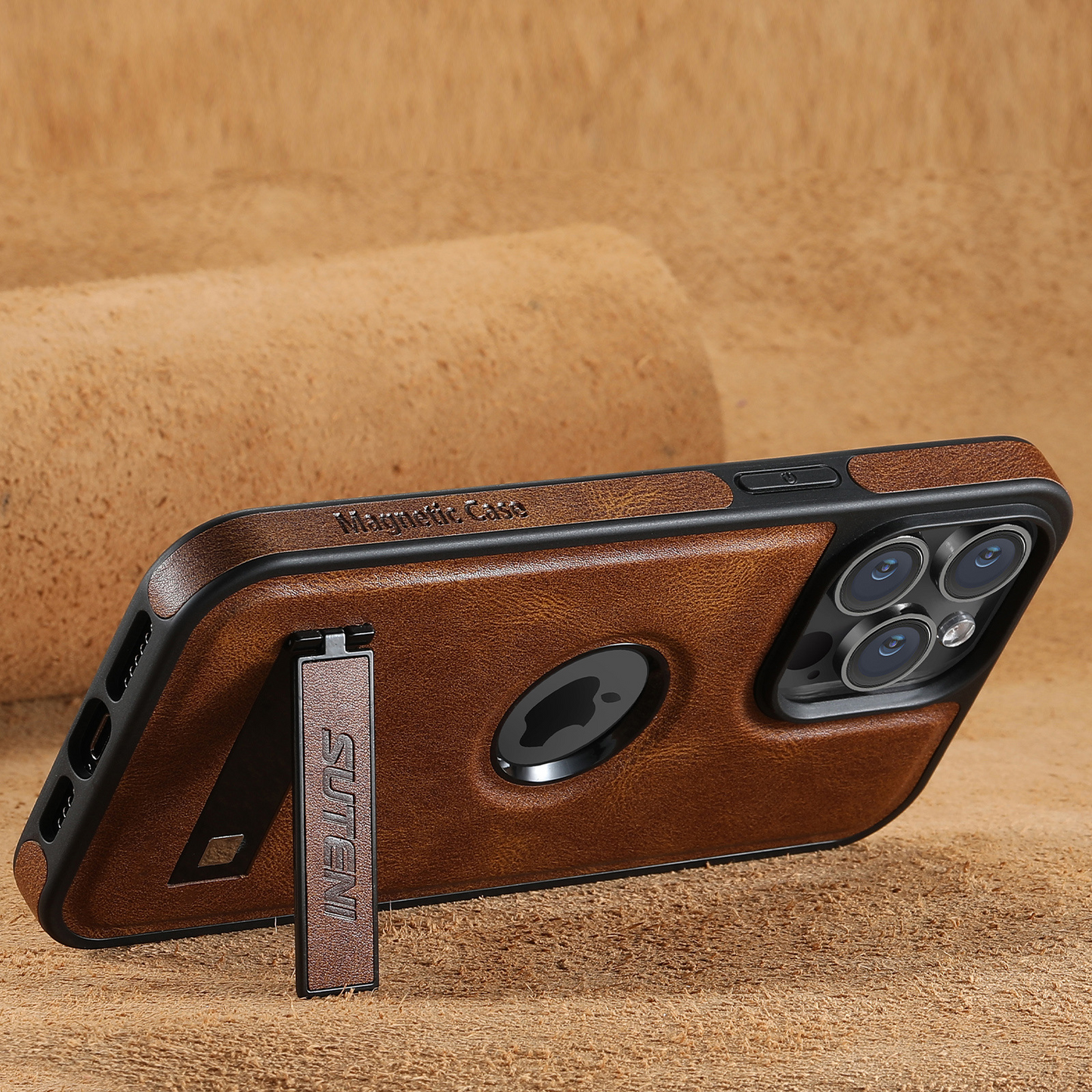 Magnetic Faux Leather Kickstand iPhone Case - Vintage Brown
