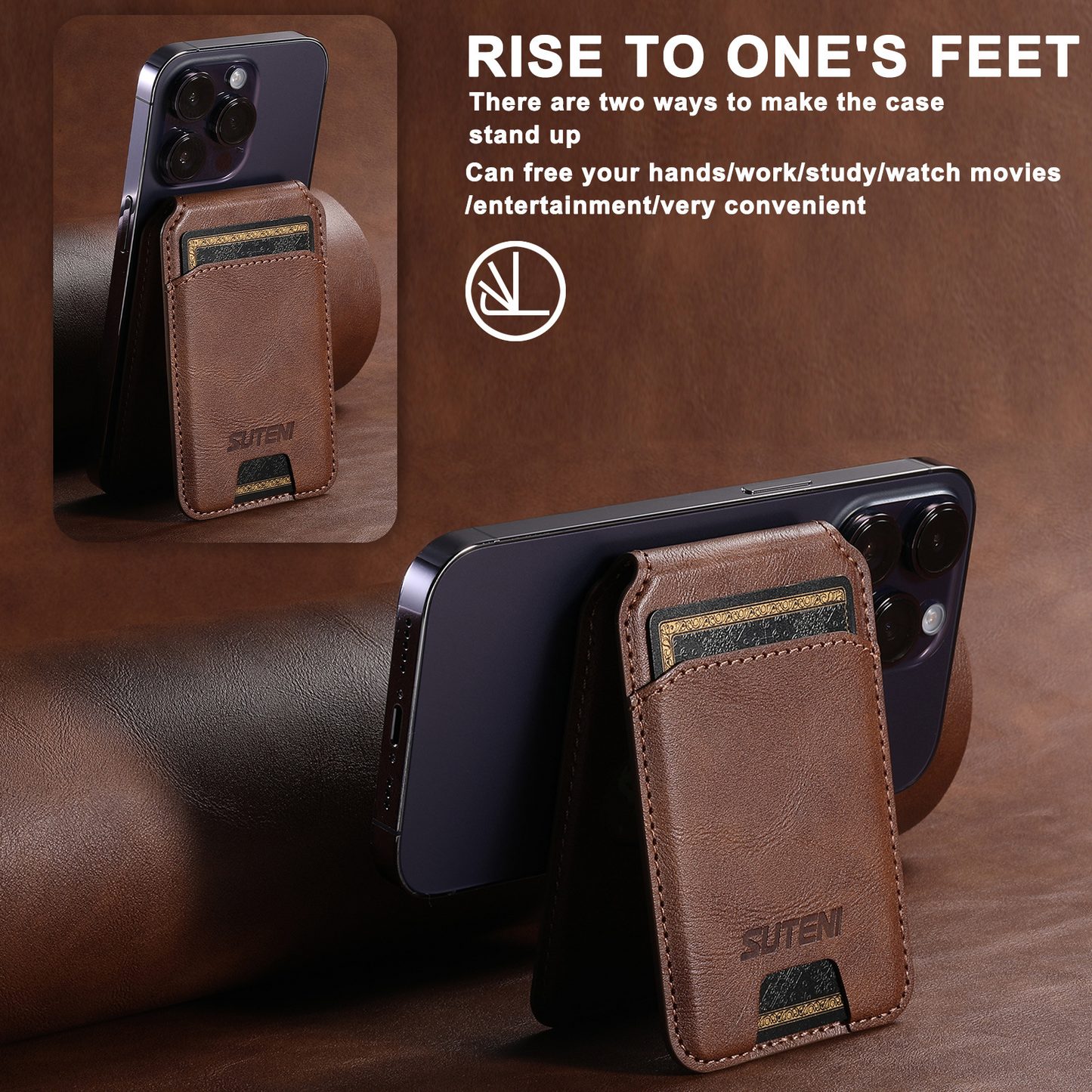 Cognac MagSafe Flip Wallet with Stand - Vegan Leather, 3 Cards