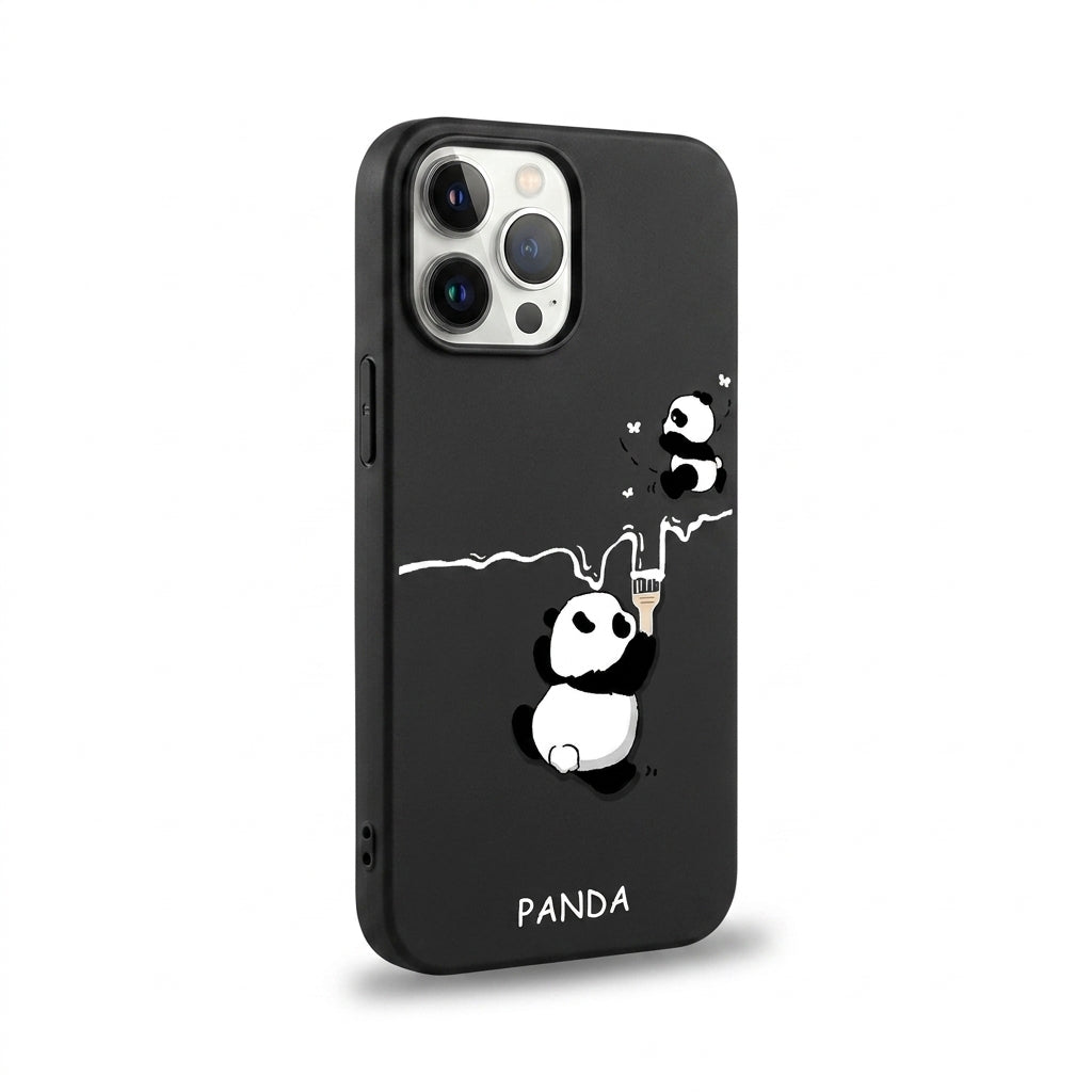 Cute Panda Frosted Glass iPhone Case - Black