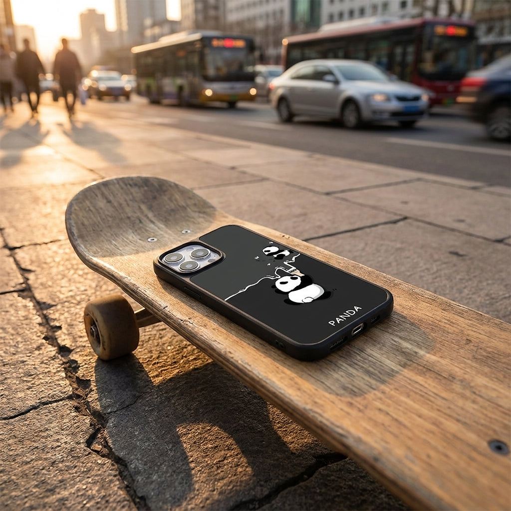 Phone case with panda design on a skateboard in an urban setting
