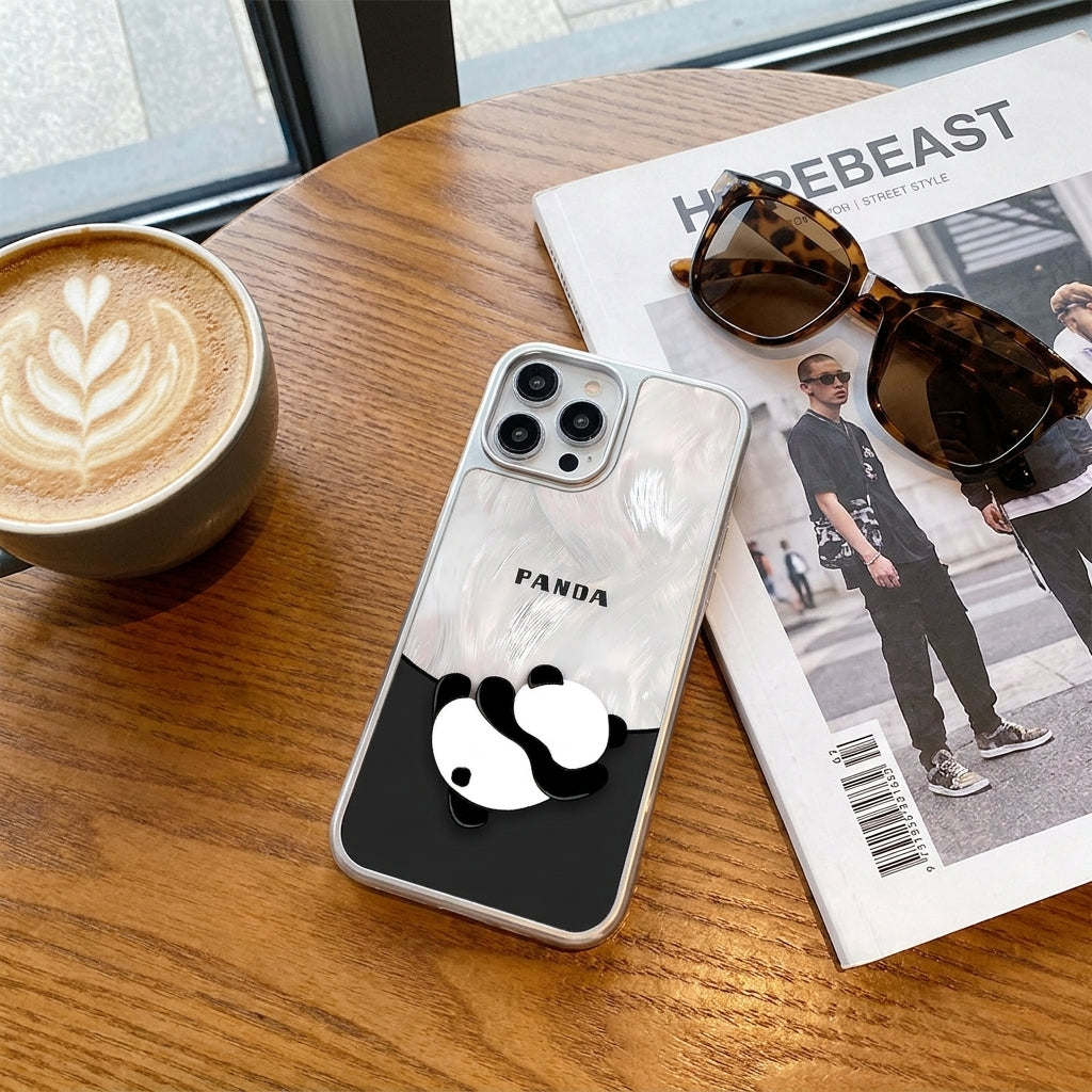 Cute Panda Frosted Glass Phone Case - Silver