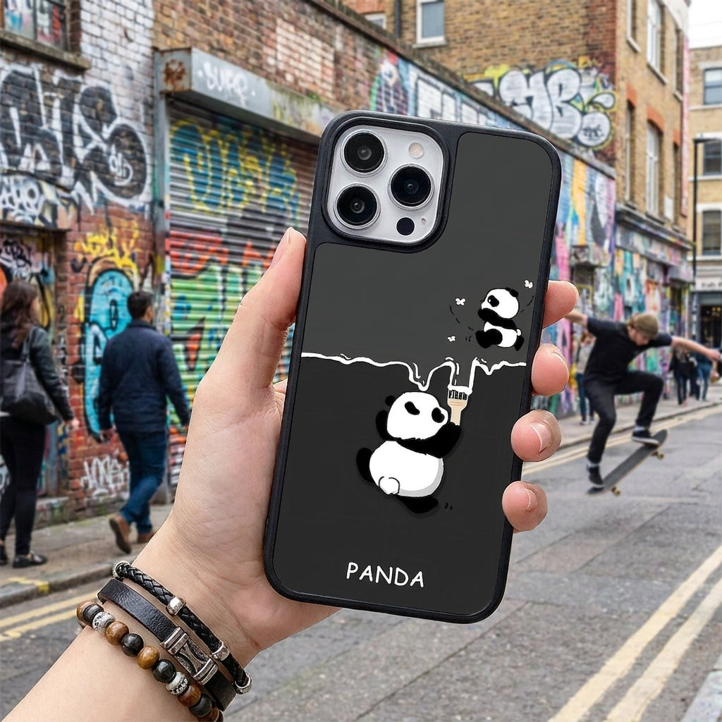 Cute Panda Frosted Glass iPhone Case - Black