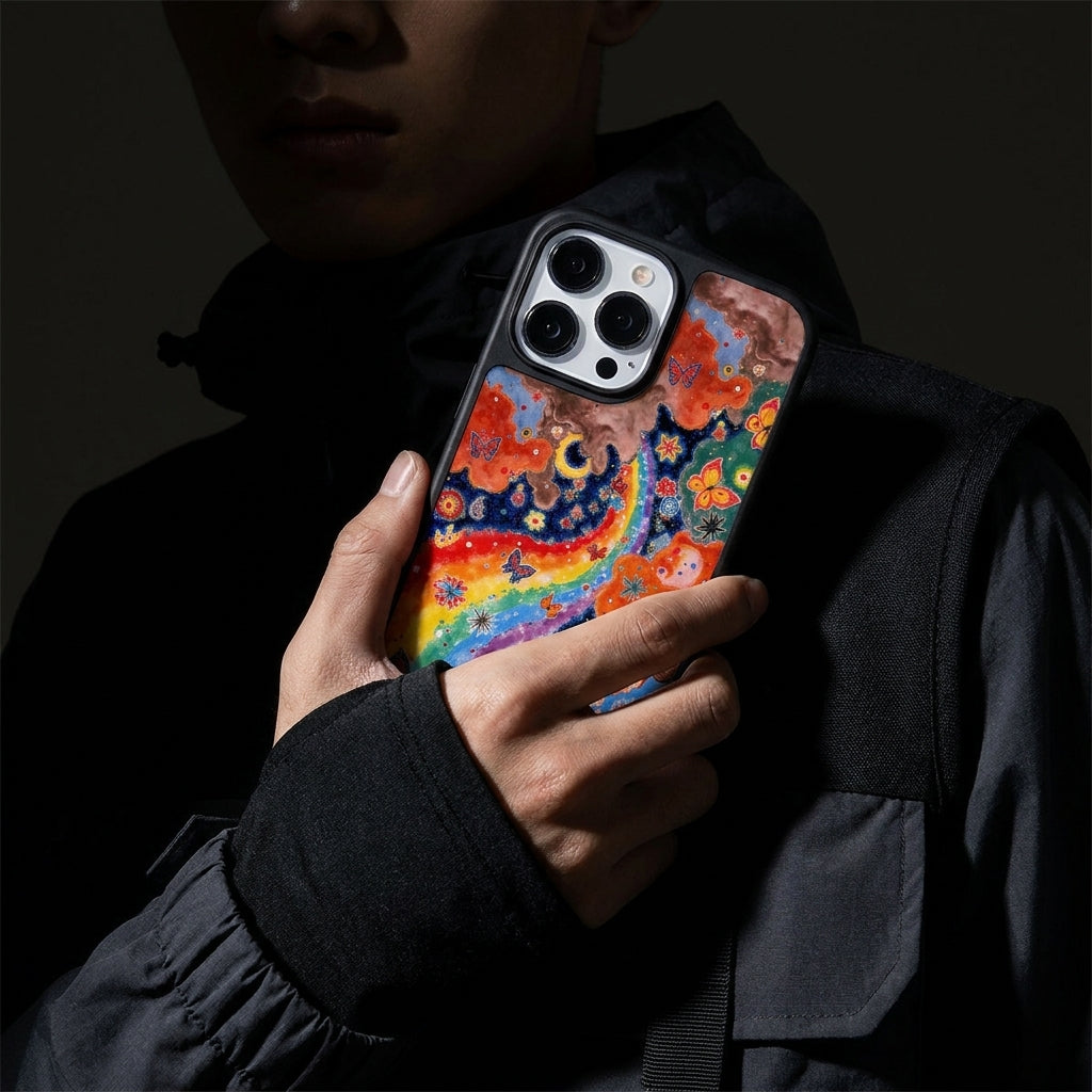 Starry Sky Butterfly Glass Phone Case - Black