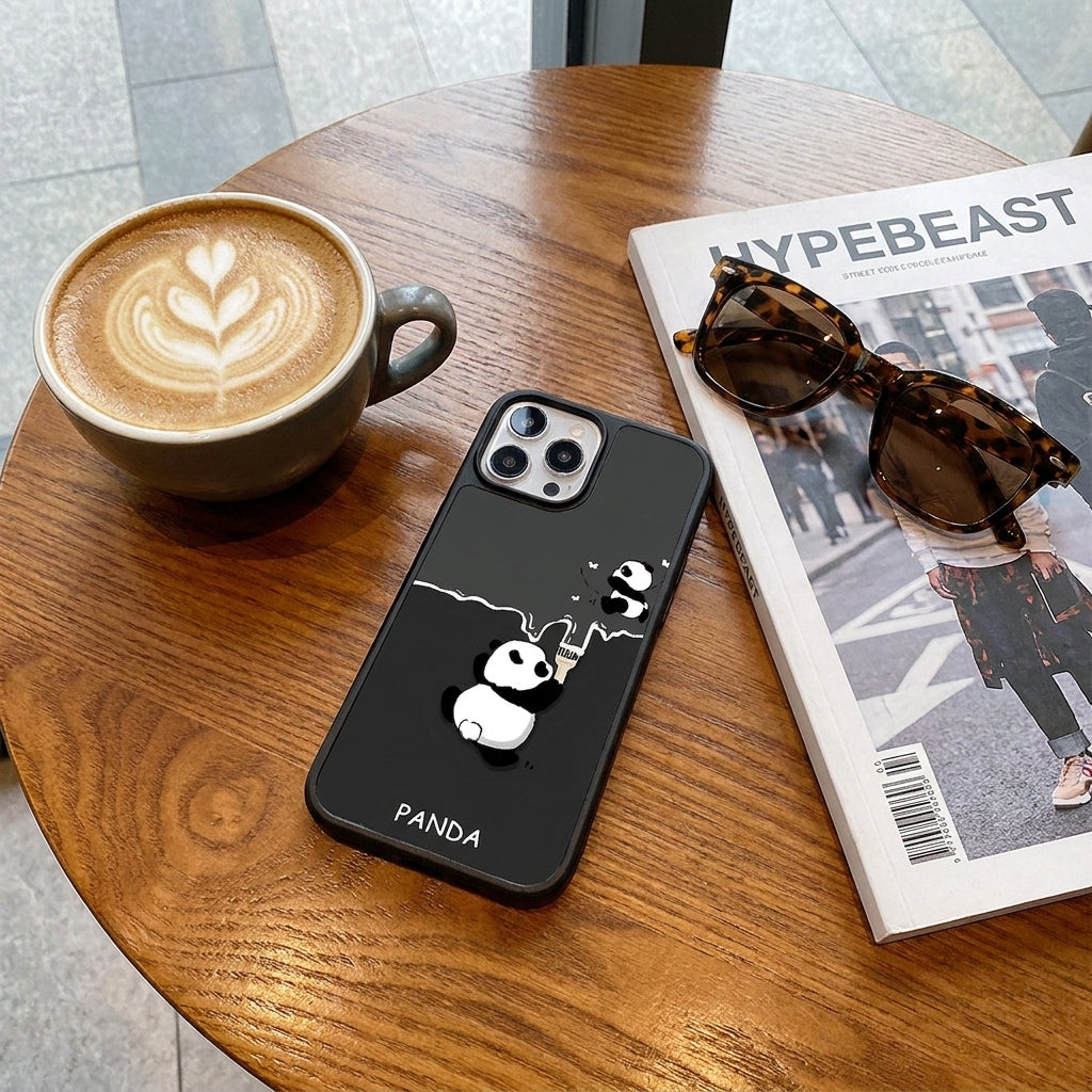 Cute Panda Frosted Glass iPhone Case - Black