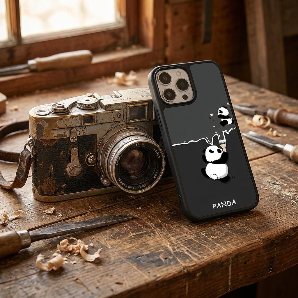 Cute Panda Frosted Glass iPhone Case - Black