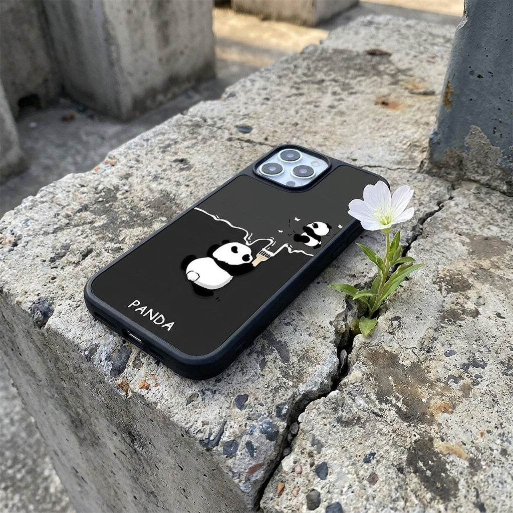 Cute Panda Frosted Glass iPhone Case - Black