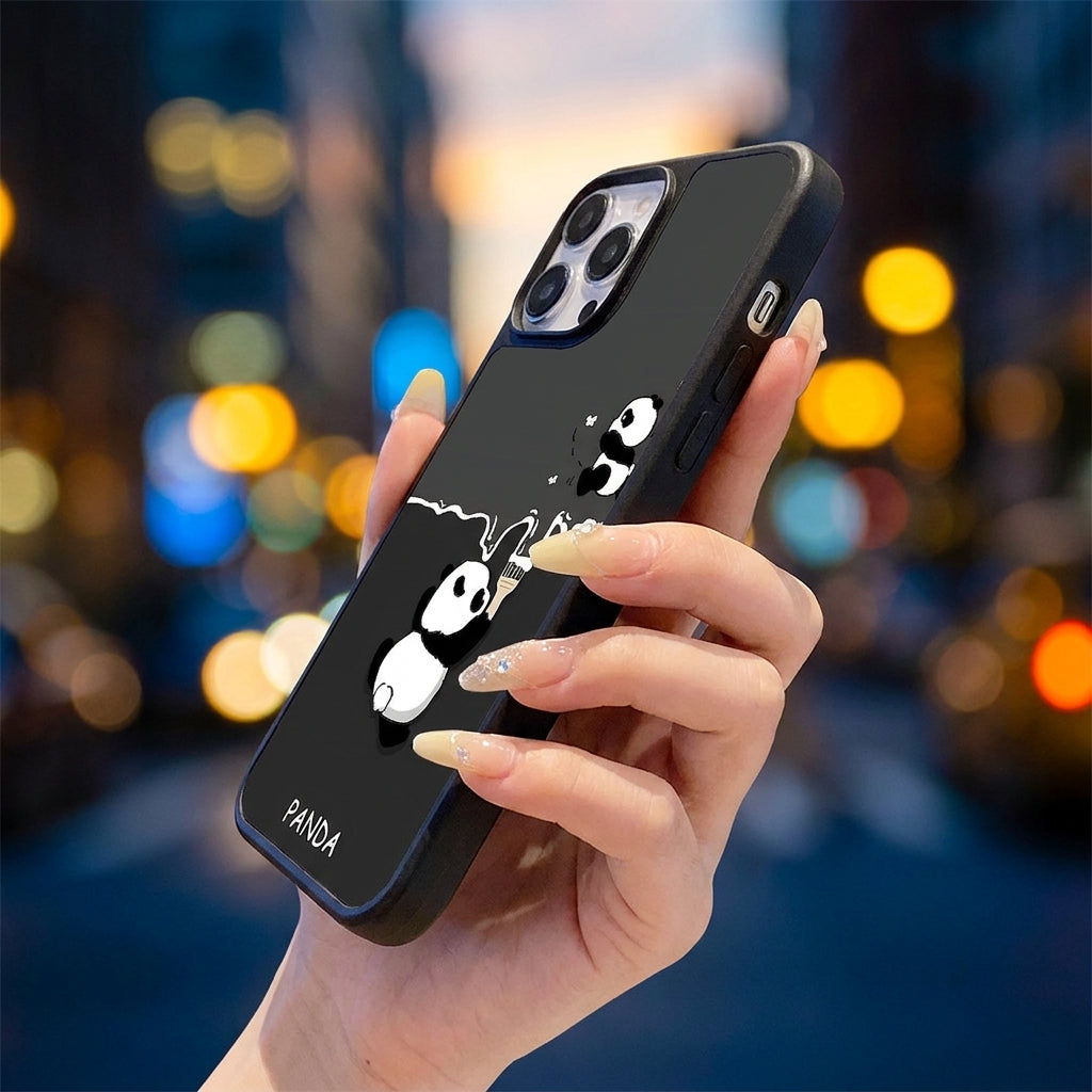 Cute Panda Frosted Glass iPhone Case - Black