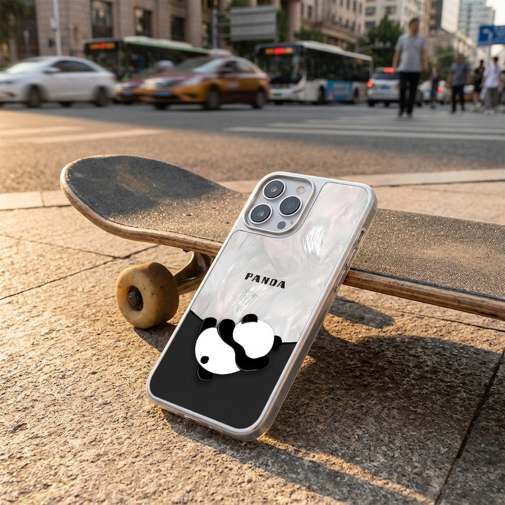 Cute Panda Frosted Glass Phone Case - Silver