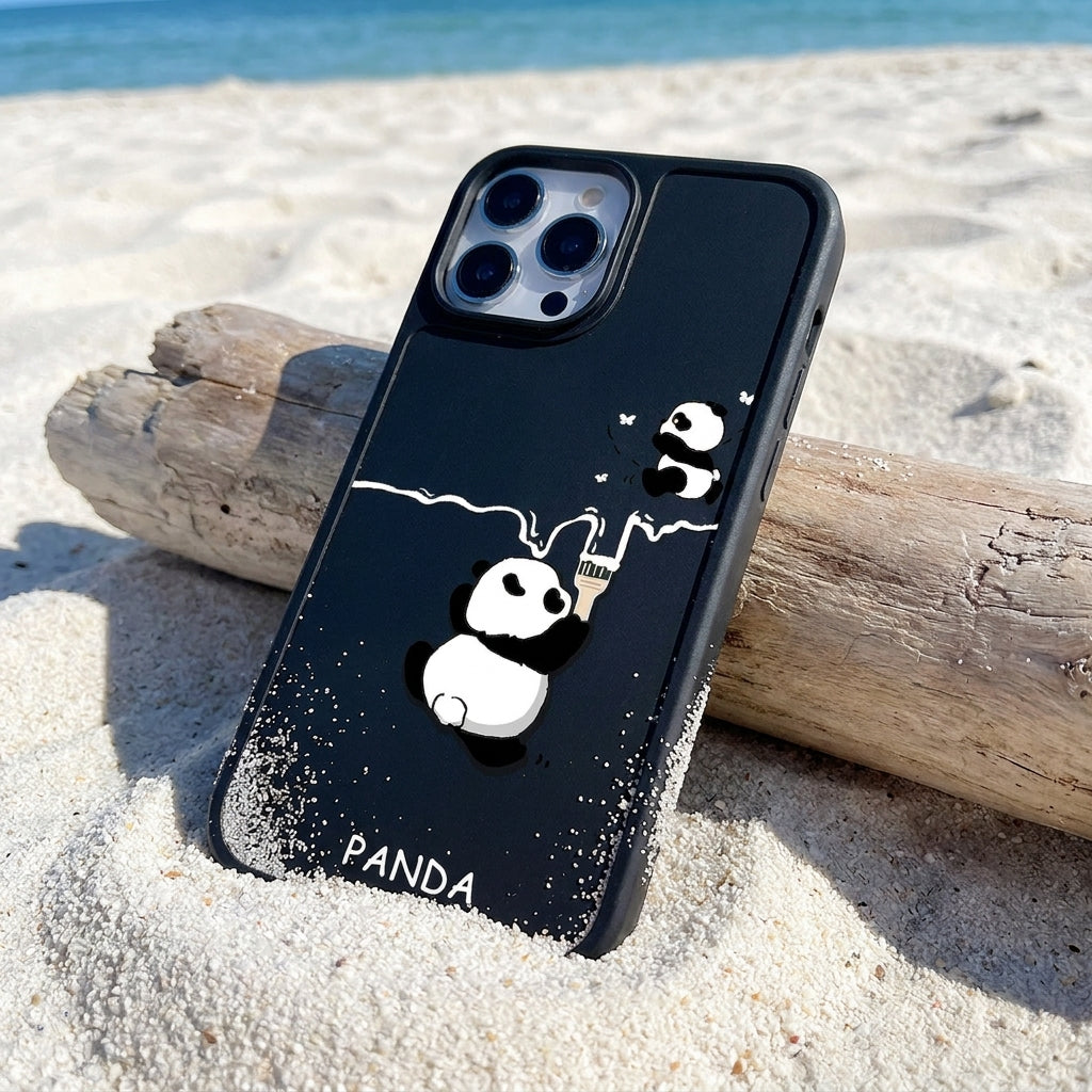 Cute Panda Frosted Glass iPhone Case - Black