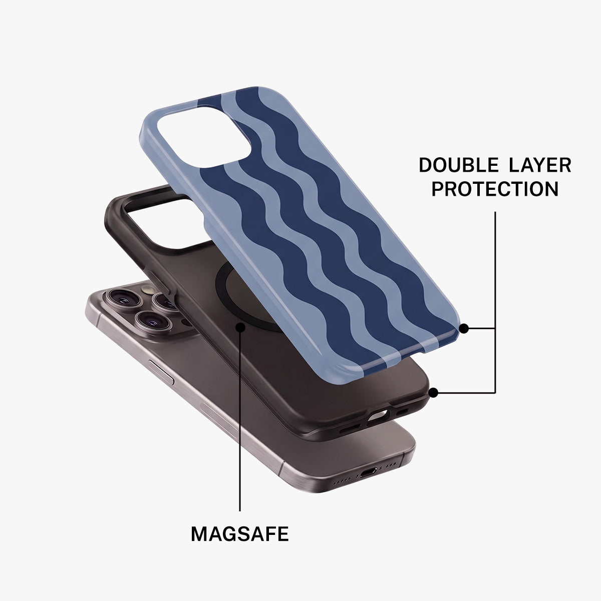 Magnetic Phone Case | Vertical Navy & Light‑Blue Wavy Stripe
