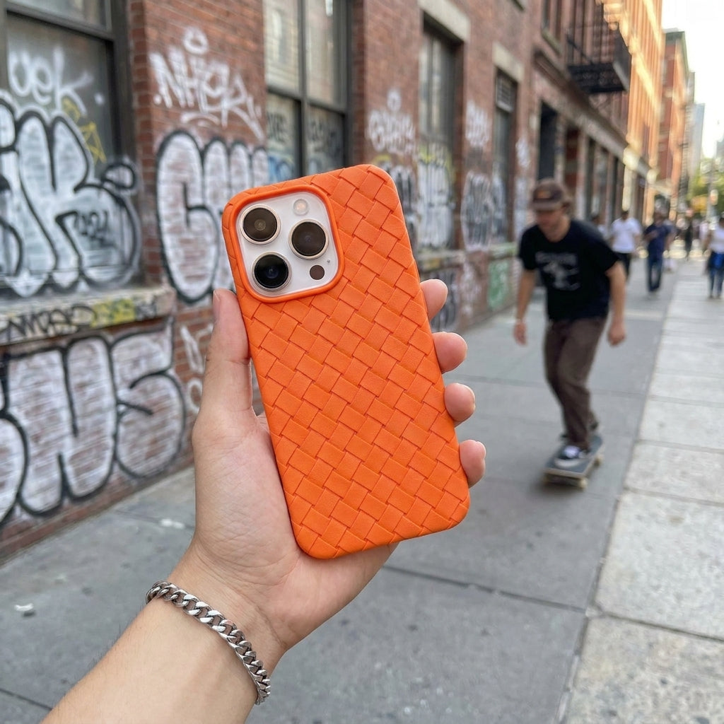 Woven Faux Leather Phone Case - Orange