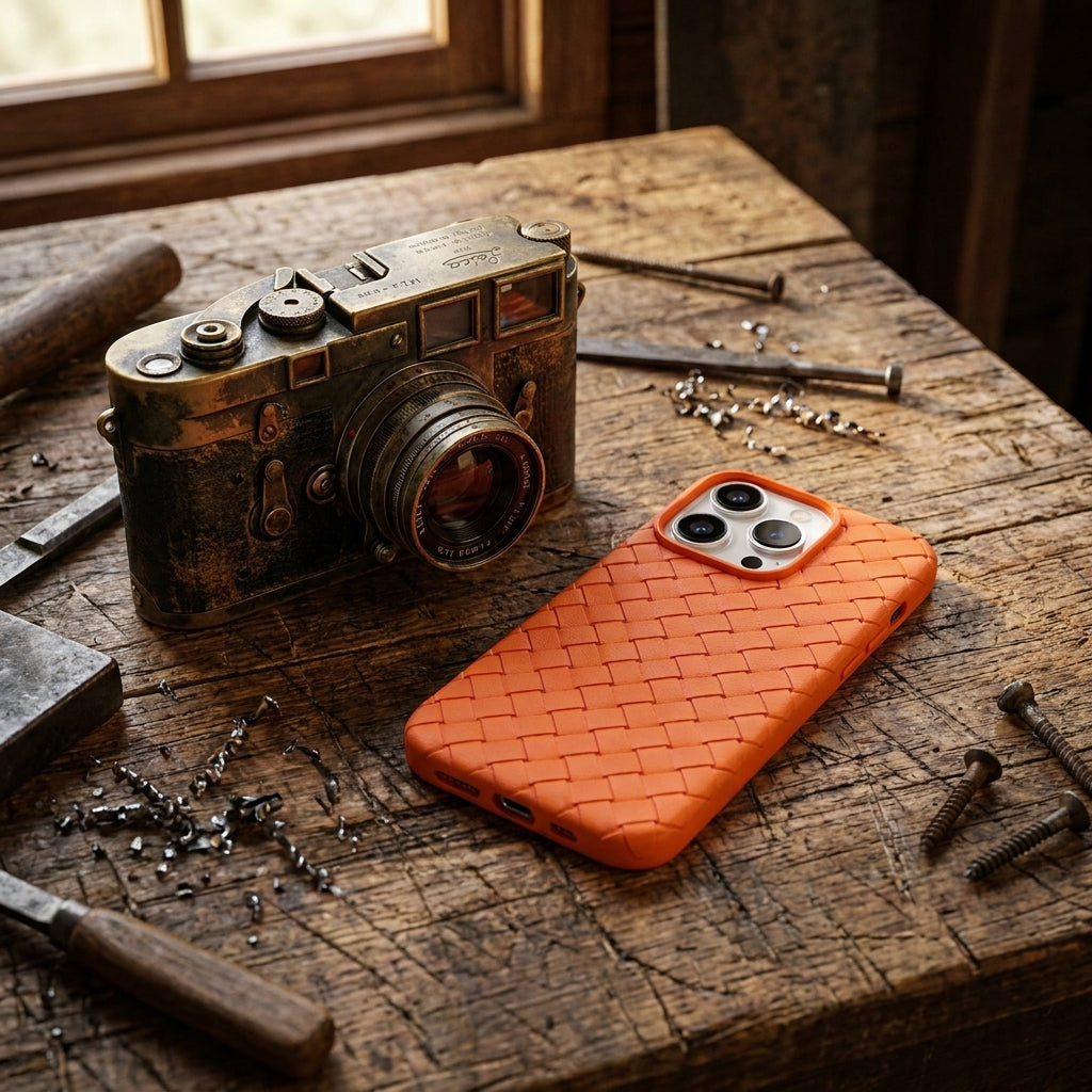 Woven Faux Leather Phone Case - Orange