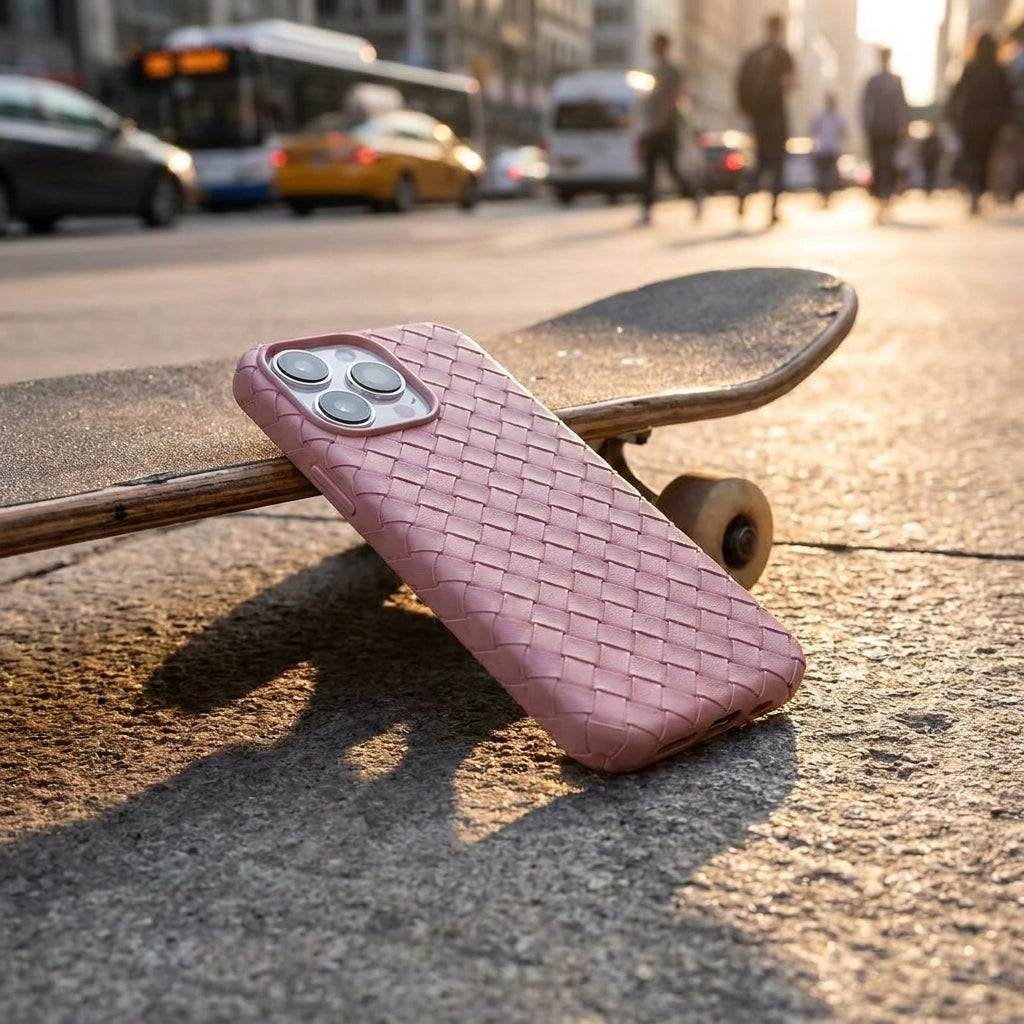 Woven Faux Leather Phone Case - Pink
