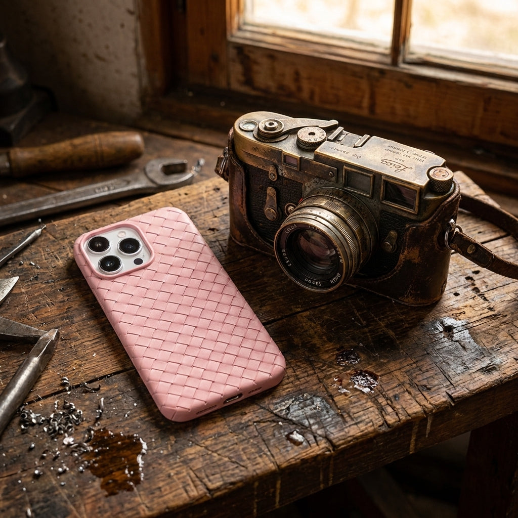 Woven Faux Leather Phone Case - Pink