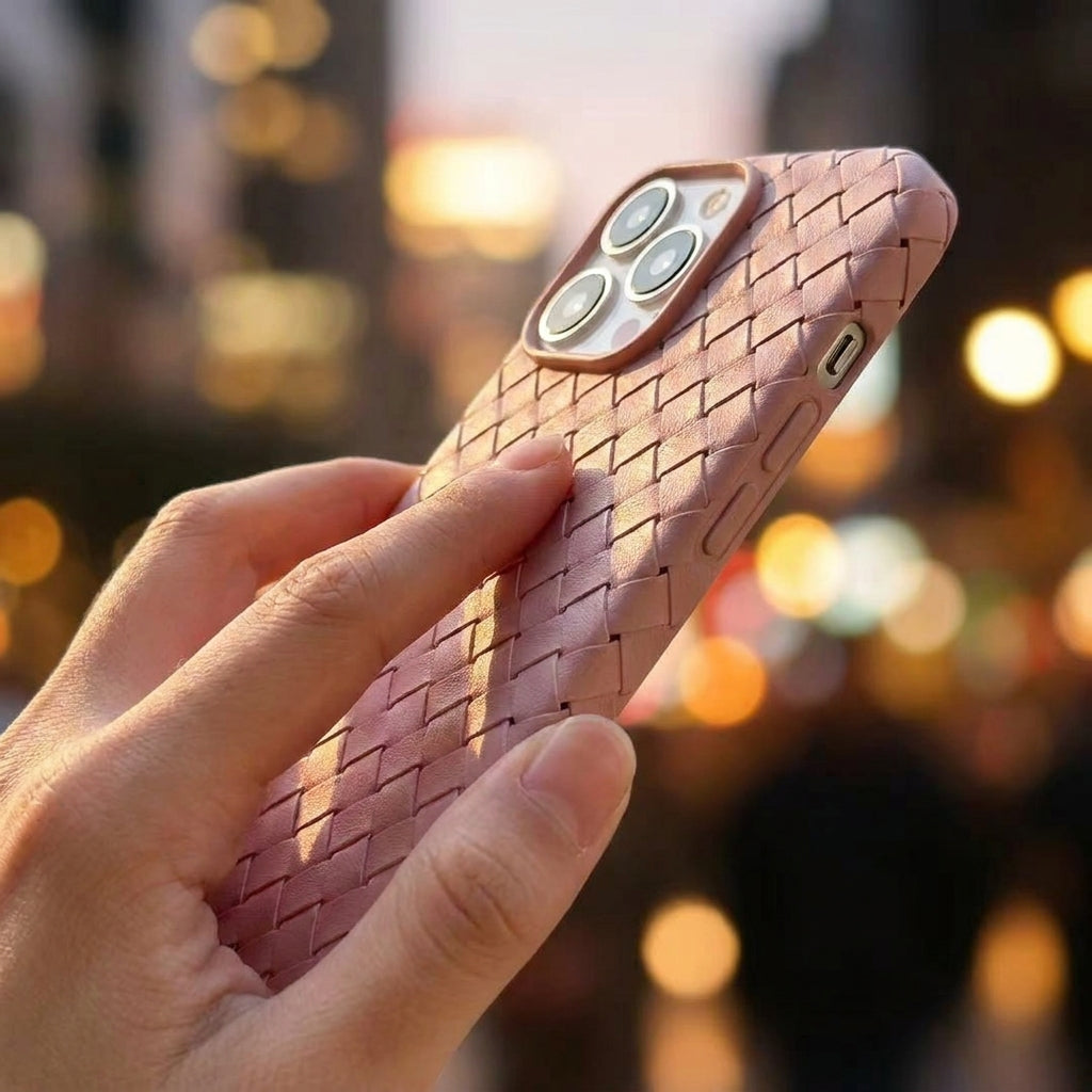Woven Faux Leather Phone Case - Pink