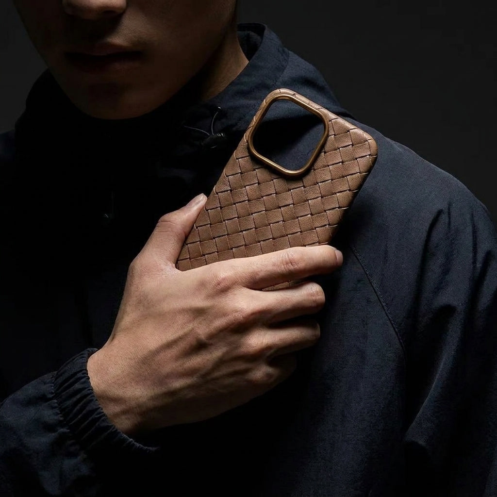 Woven Faux Leather Phone Case - Brown