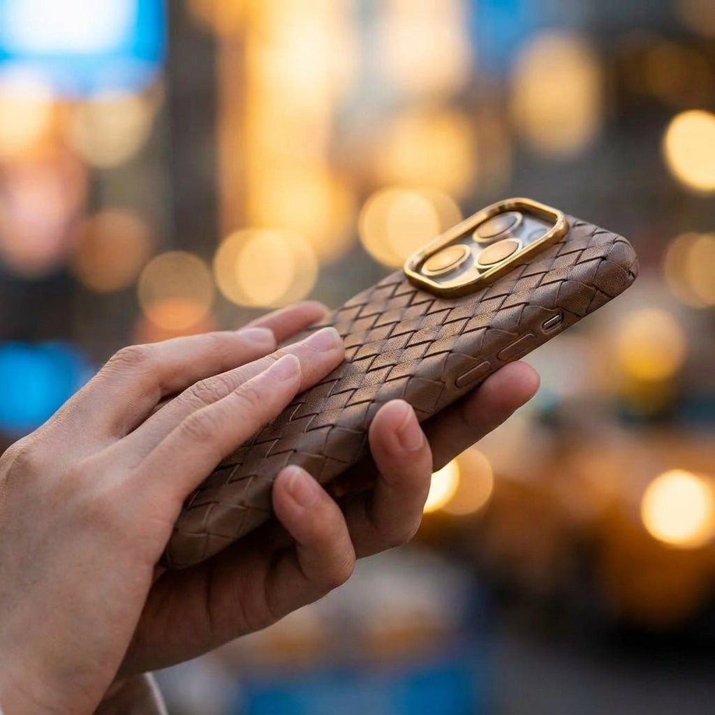 Woven Faux Leather Phone Case - Brown