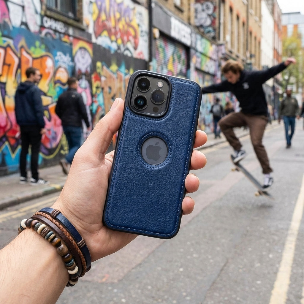Vintage Faux Leather Kickstand iPhone Case Precise Fit - Blue