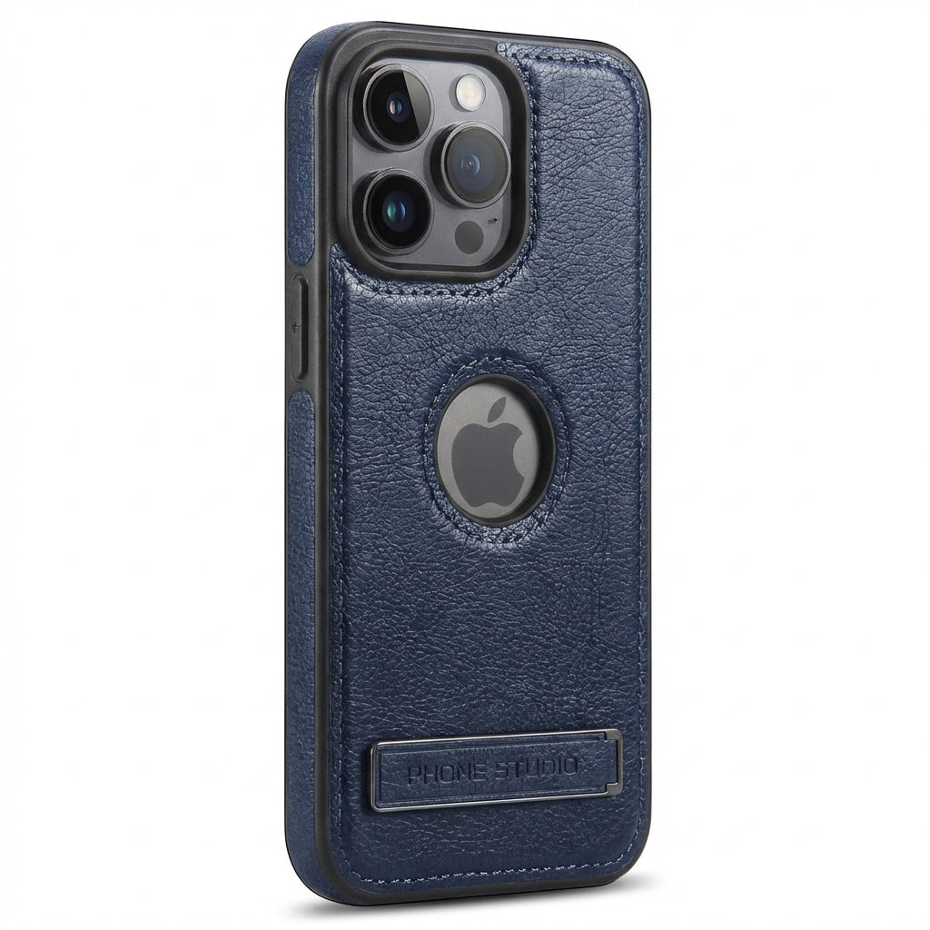 Vintage Faux Leather Kickstand iPhone Case Precise Fit - Blue