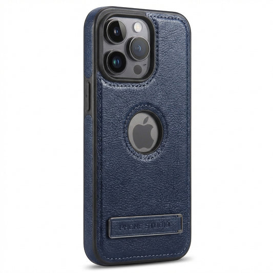 Vintage Faux Leather Kickstand iPhone Case Precise Fit - Blue