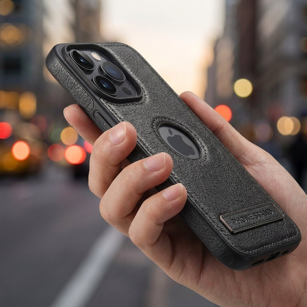 Vintage Faux Leather Kickstand iPhone Case Precise Fit - Black