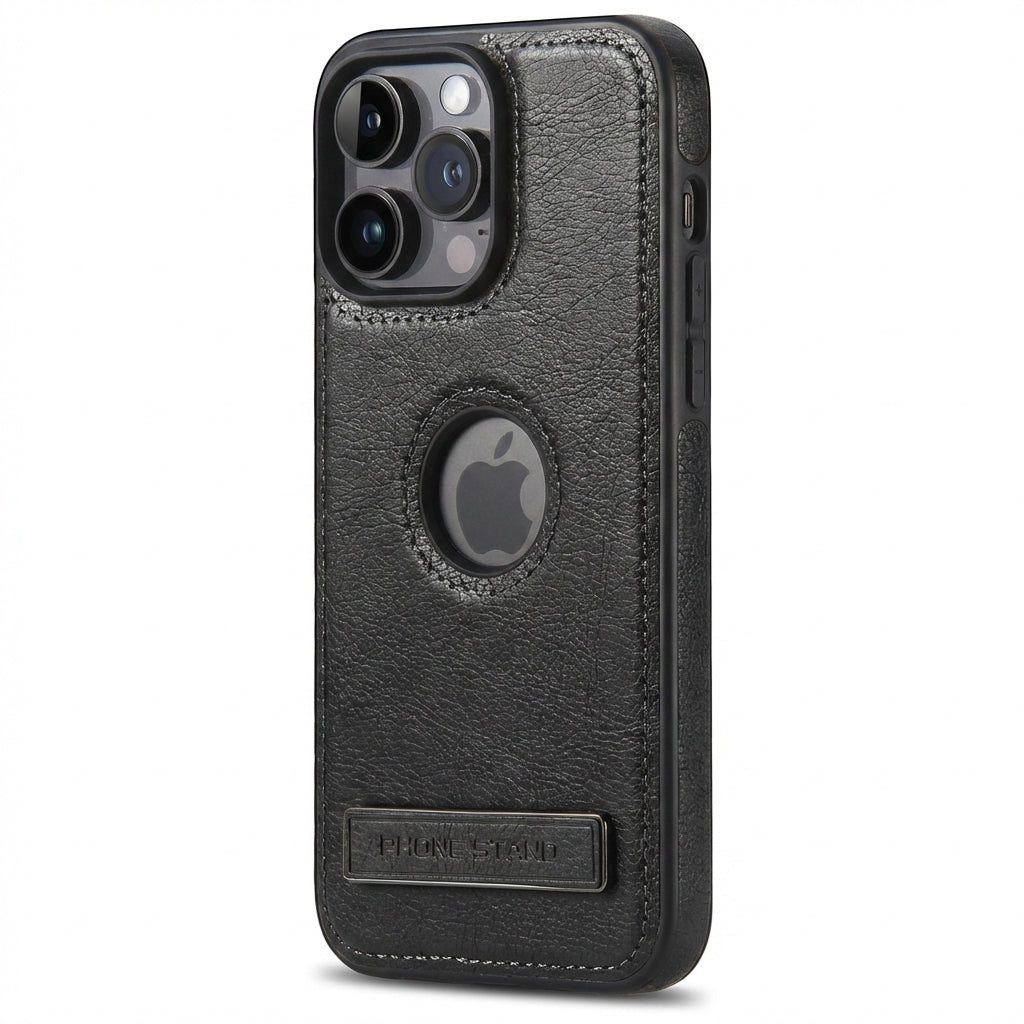 Vintage Faux Leather Kickstand iPhone Case Precise Fit - Black