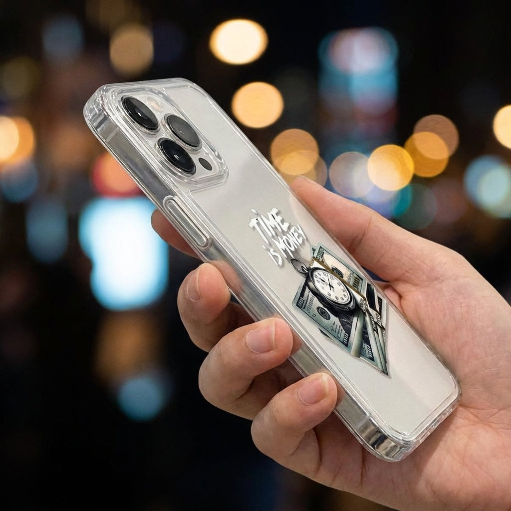 Transparent iPhone Case Time is Money Design Clear Protective Cover